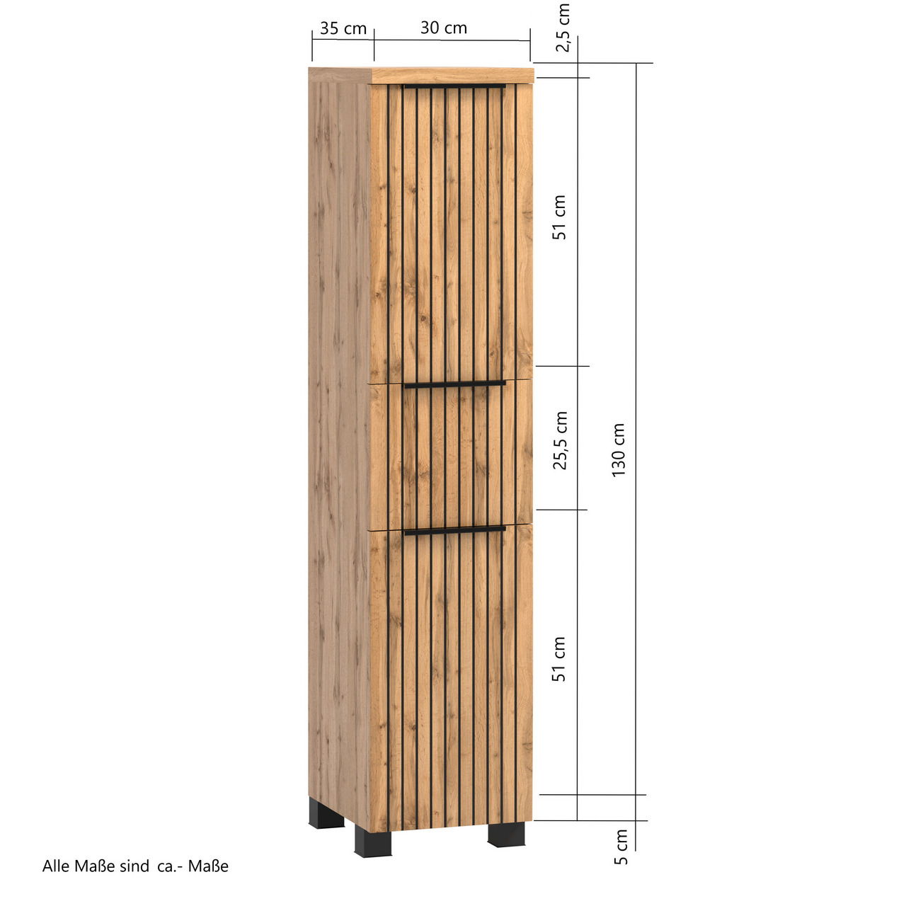 Midischrank 30 cm in Holzoptik mit vertikalen schwarzen Griffen, frontale Perspektive