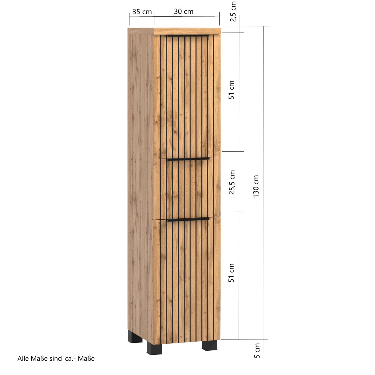 Midikast van 30 cm in houtlook met verticale zwarte handgrepen, vooraanzicht