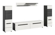 Modernes Wohnzimmermöbel-Set in Weiß und Anthrazit mit zwei hohen Vitrinenschränken, langem TV-Lowboard und Wandregal, Frontansicht in leichter Schrägperspektive