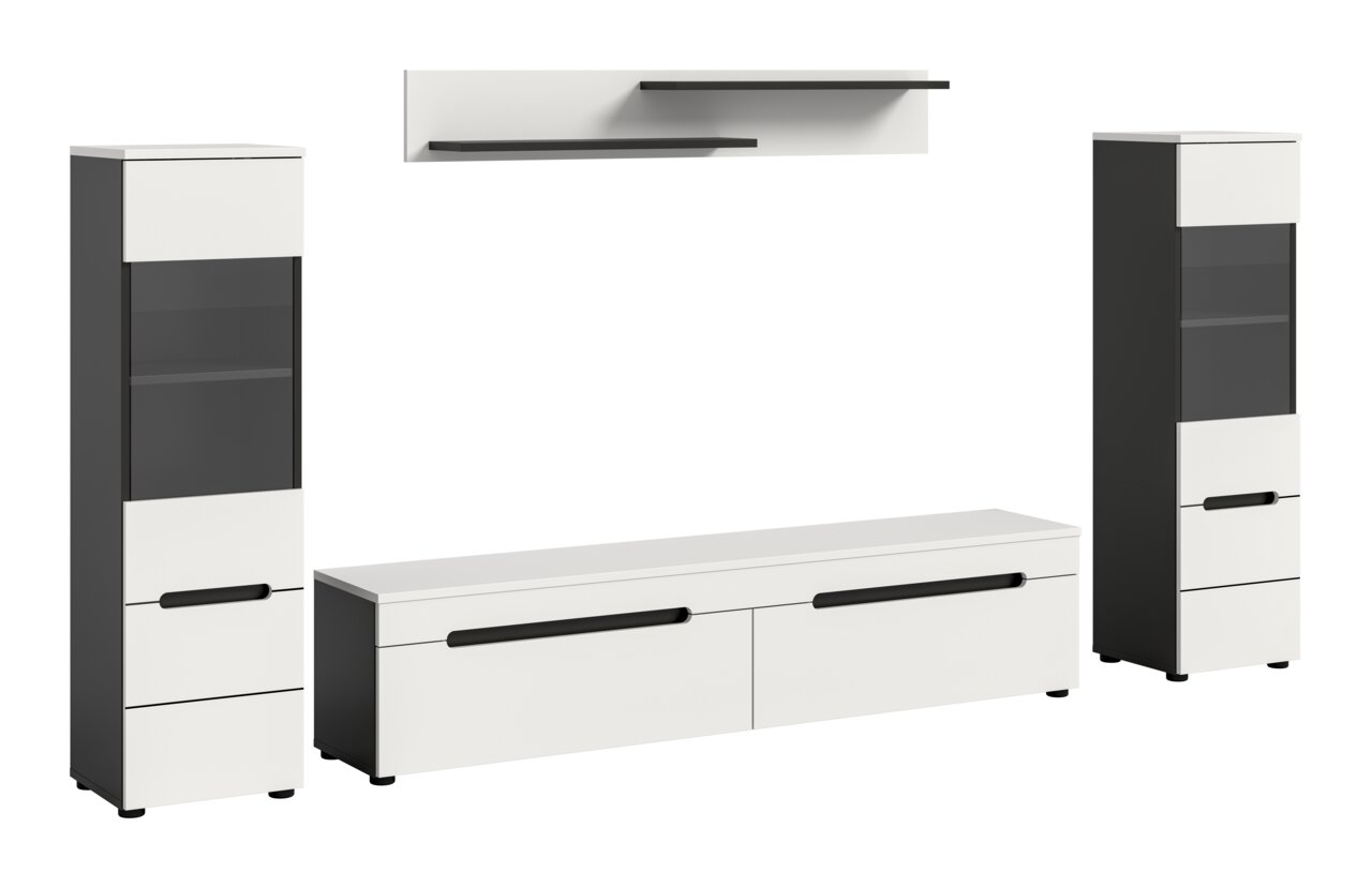 MID.YOU Wohnkombination CANU Modernes Wohnzimmermöbel-Set in Weiß und Anthrazit mit zwei hohen Vitrinenschränken, langem TV-Lowboard und Wandregal, Frontansicht in leichter Schrägperspektive