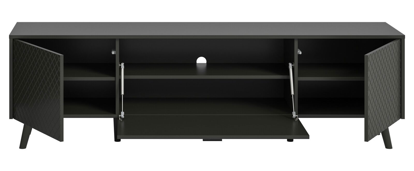 Modernes Lowboard in dunklem Design mit geöffneten Türen, frontale Ansicht