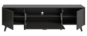 Modernes Lowboard in dunklem Design mit geöffneten Türen, frontale Ansicht