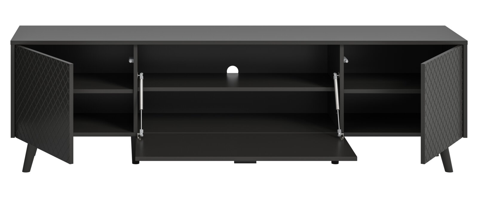 Modernes Lowboard in dunklem Design mit geöffneten Türen, frontale Ansicht