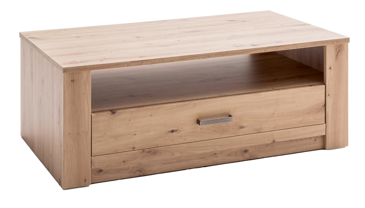 Moderner Couchtisch aus Holz mit Schublade und offenem Fach, seitliche Perspektive