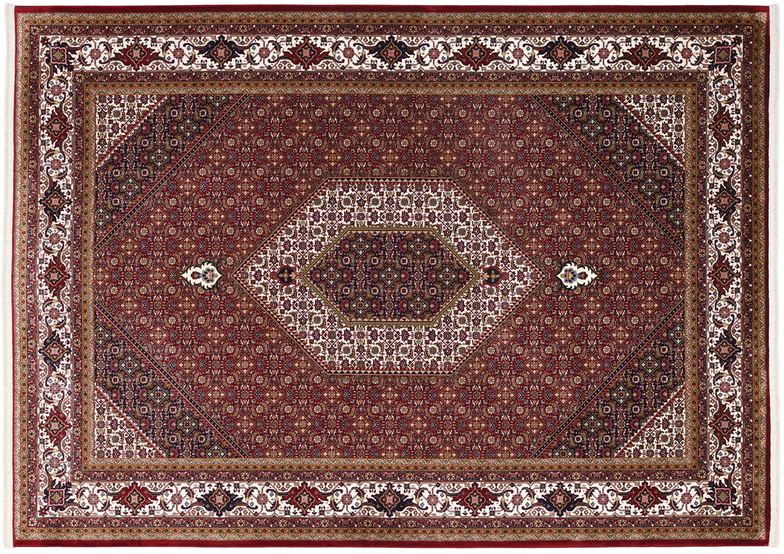 Orientteppich CENTAURI BIDJAR in Draufsicht mit komplexem geometrischem Muster und reichen Rot- und Beigetönen.