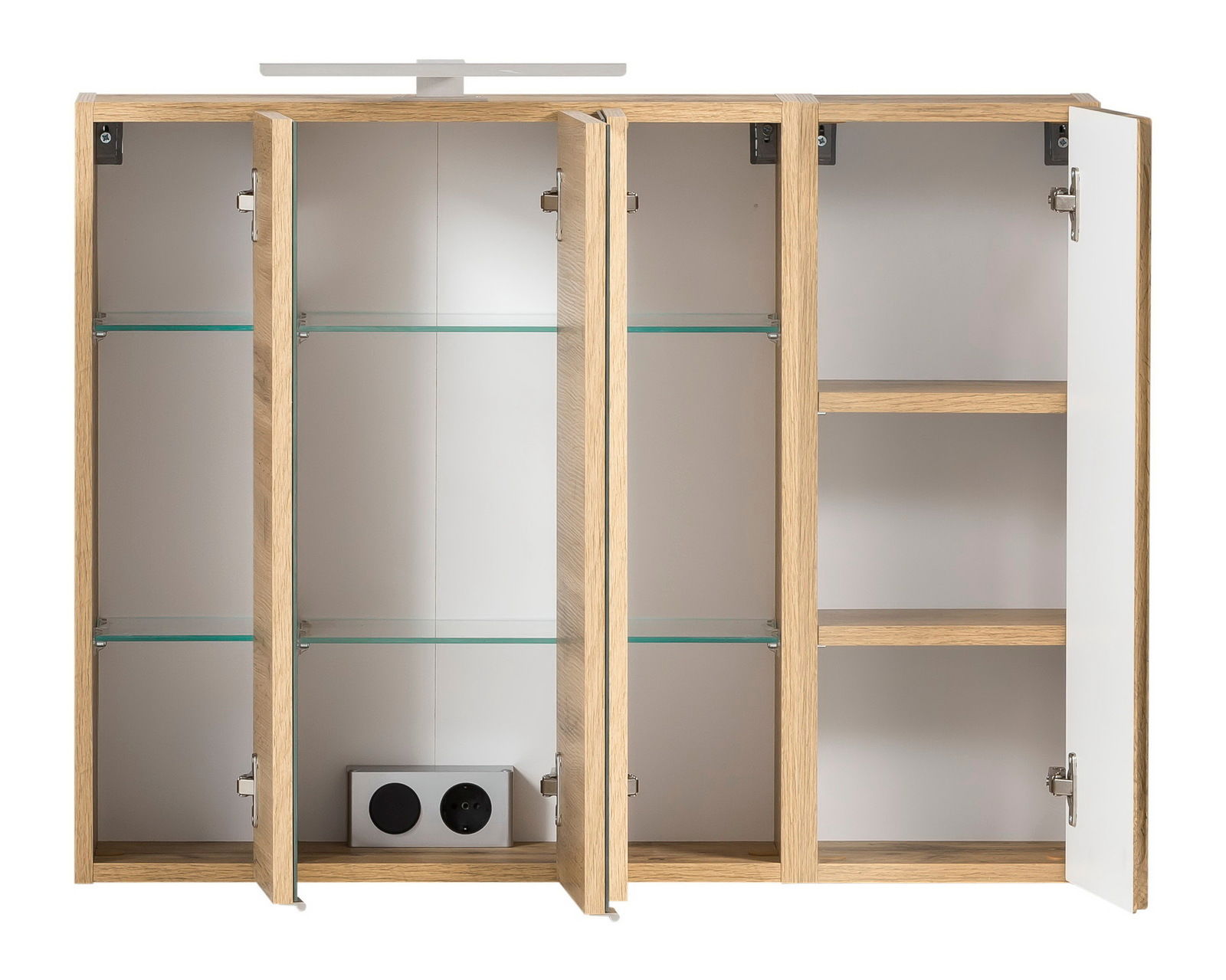 Offener Spiegelschrank mit Holzrahmen und Glaseinlegeböden, frontale Ansicht