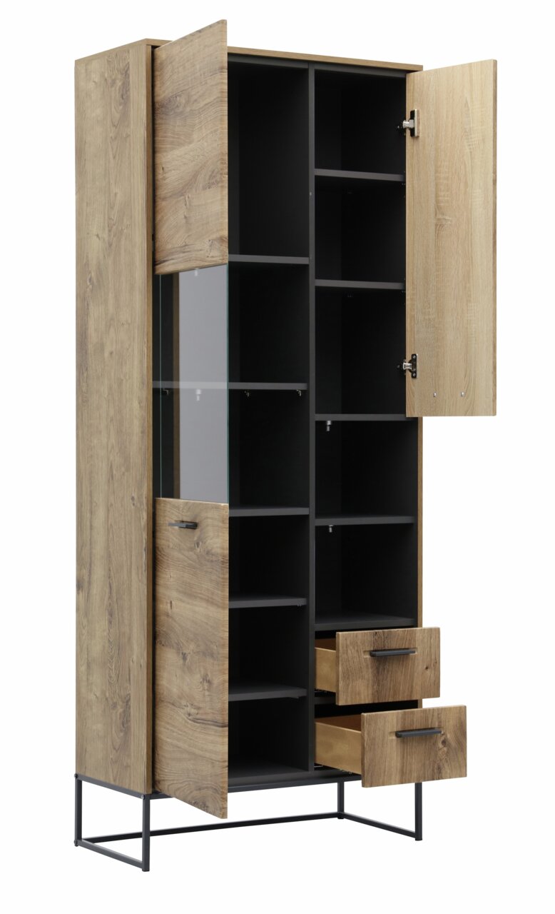 Holzschrank mit offenen Türen und Schubladen, seitliche Perspektive