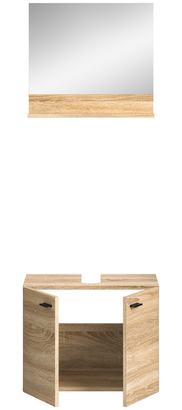 Waschbeckenunterschrank aus Holz mit zwei Türen, frontal betrachtet, mit passendem Spiegel darüber.