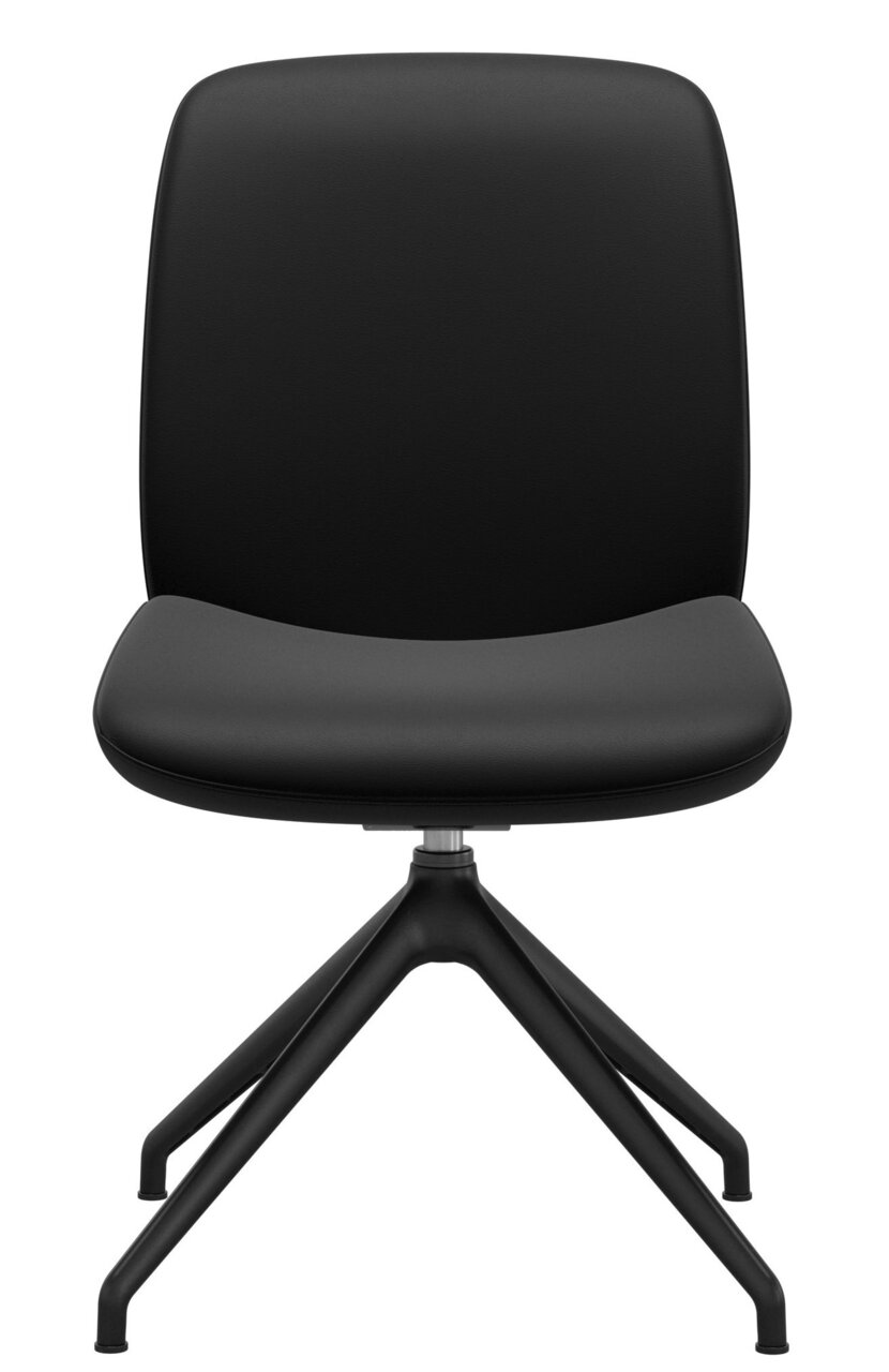 Schwarzer Stuhl mit gepolsterter Sitzfläche und Rückenlehne, auf einem stabilen, vierbeinigen Metallgestell. Frontalansicht.