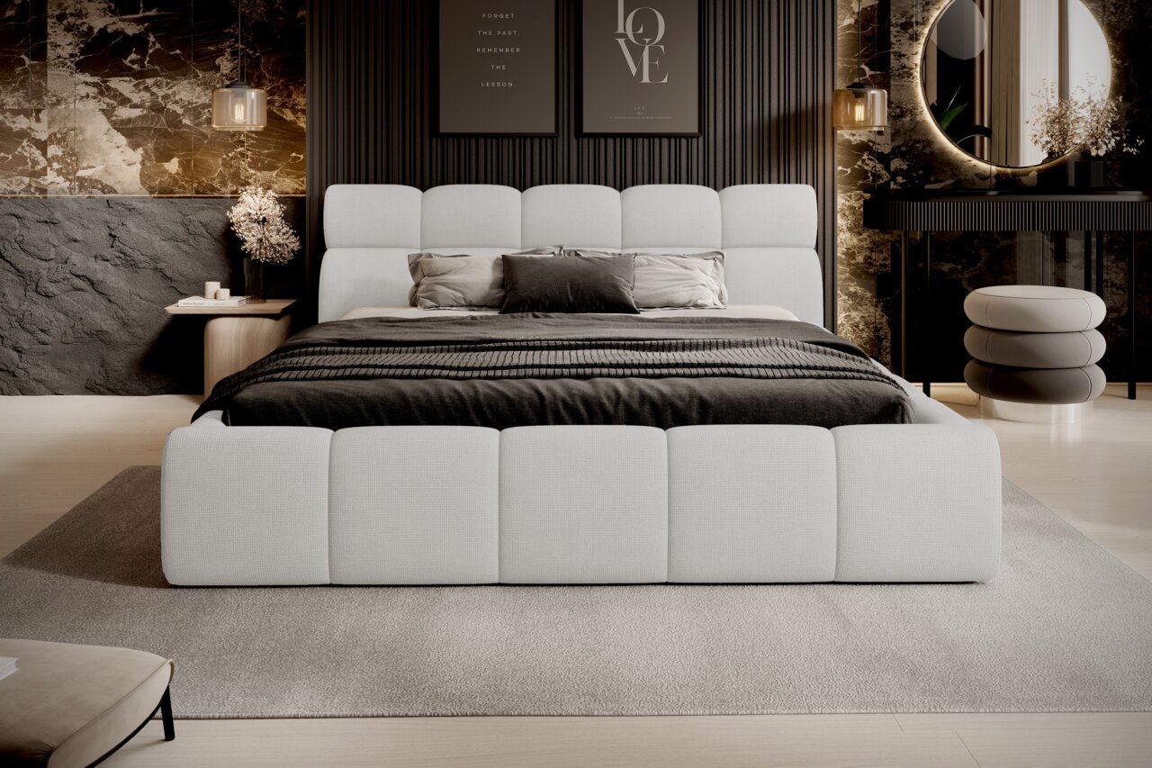 Modernes Polsterbett in einem stilvollen Schlafzimmer, frontal betrachtet, mit eleganter Dekoration und sanfter Beleuchtung.