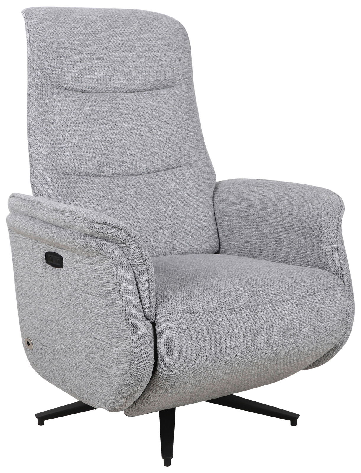 Grauer, drehbarer Relaxsessel mit hoher Rückenlehne und Armlehnen, seitliche Ansicht
