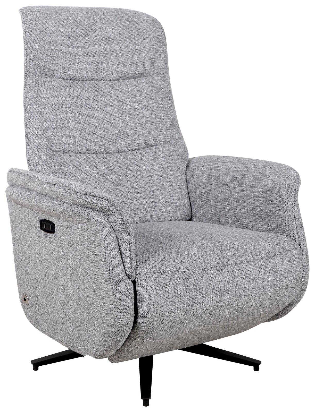 Grauer, drehbarer Relaxsessel mit hoher Rückenlehne und Armlehnen, seitliche Ansicht