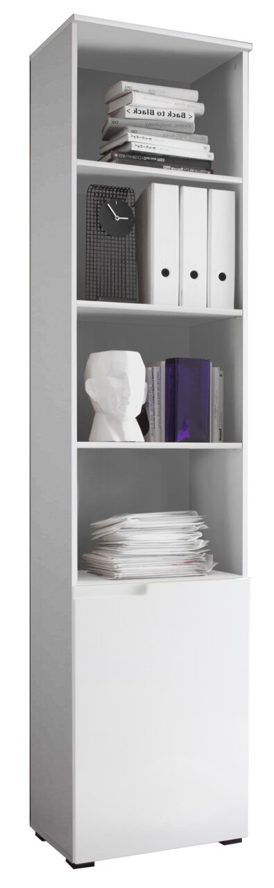 BOXXX Regal hoch SILAS Hohes weißes Regal mit mehreren Fächern, gefüllt mit Büchern, Ordnern und Dekorationen, aus frontaler Perspektive.