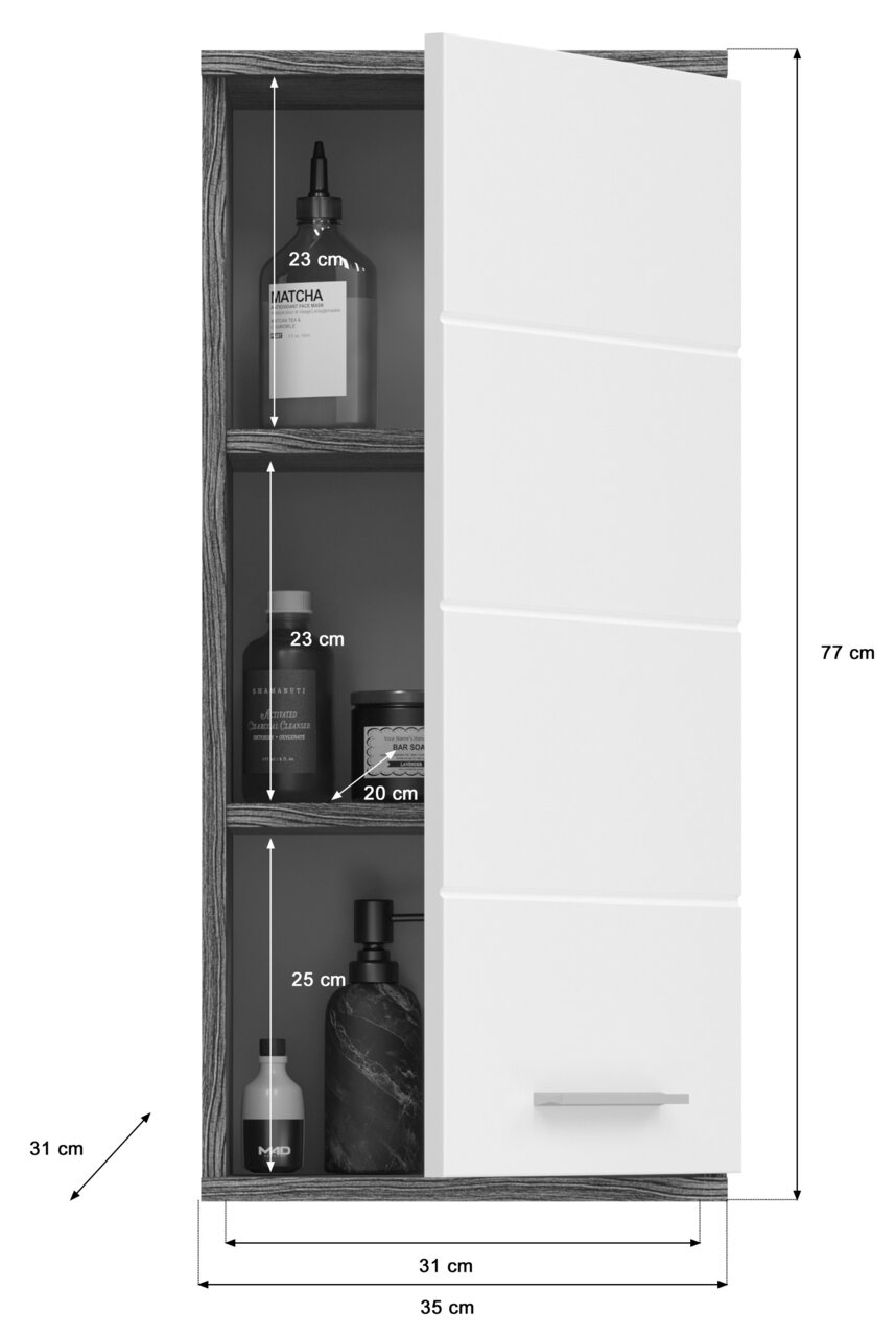 Badezimmerschrank mit weißer Tür, teilweise geöffnet, zeigt drei Regalböden mit Pflegeprodukten. Perspektive von vorne.
