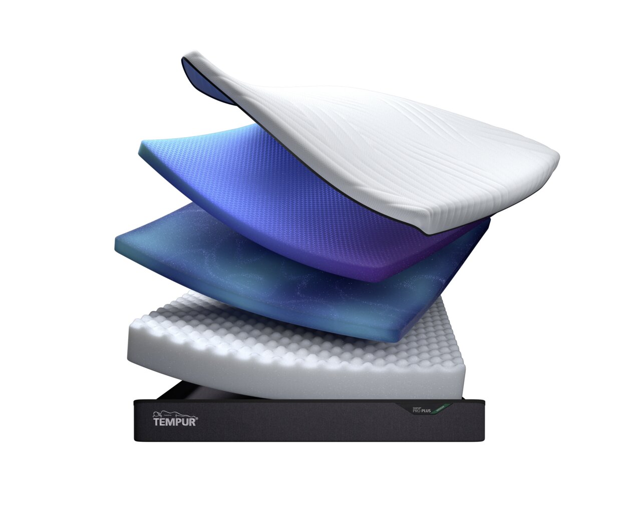 Tempur Viscomatratze PRO PLUS COOLQUILT Explosionsansicht einer Viscomatratze mit mehreren Schichten, seitliche Perspektive