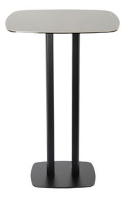 Moderner Bartisch mit rechteckiger Tischplatte und zwei stabilen, schwarzen Beinen, Frontalansicht.