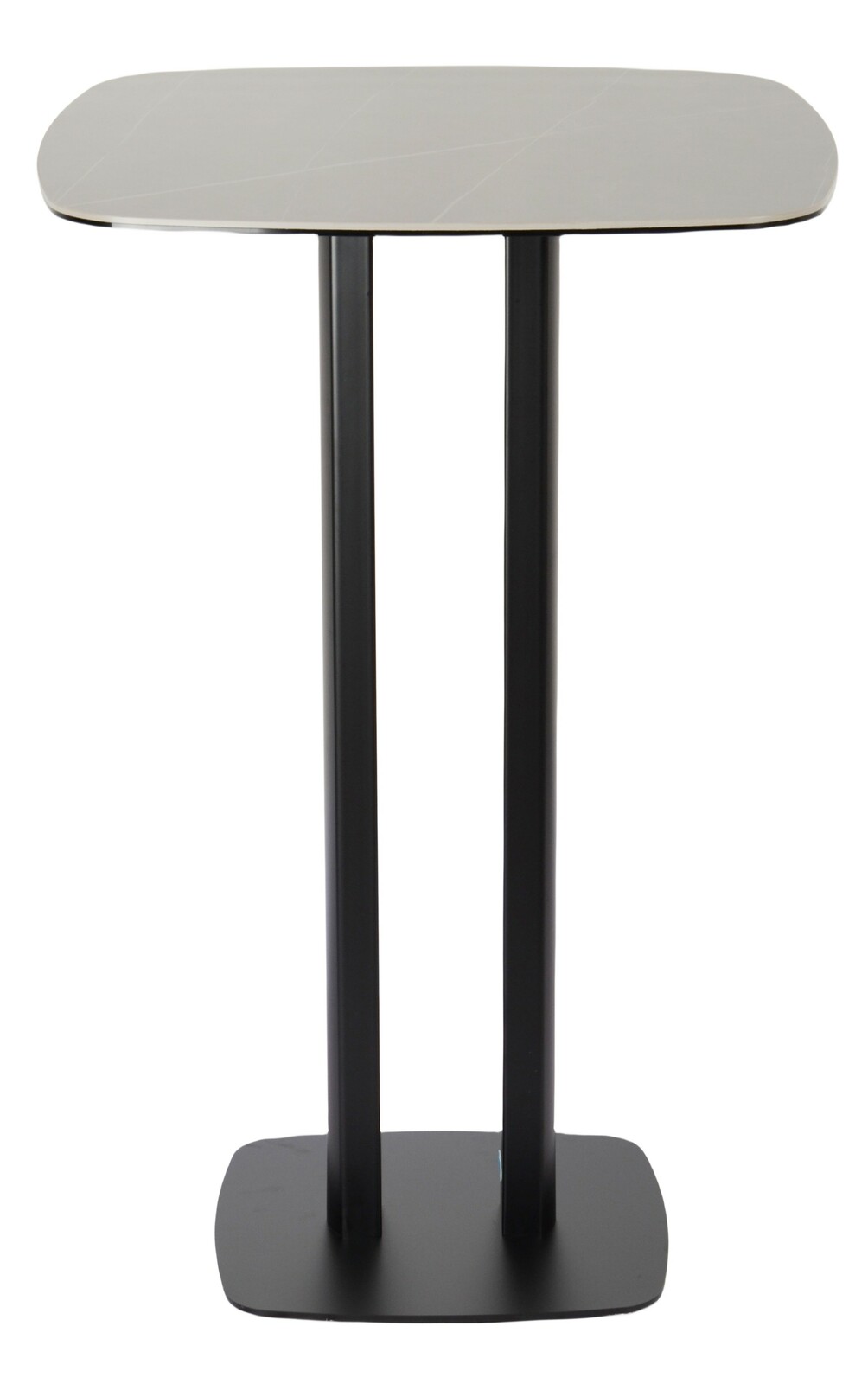 Moderner Bartisch mit rechteckiger Tischplatte und zwei stabilen, schwarzen Beinen, Frontalansicht.