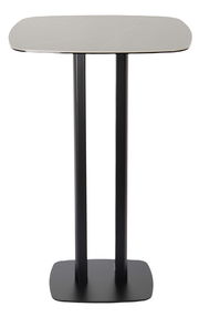 Moderner Bartisch mit rechteckiger Tischplatte und zwei stabilen, schwarzen Beinen, Frontalansicht.