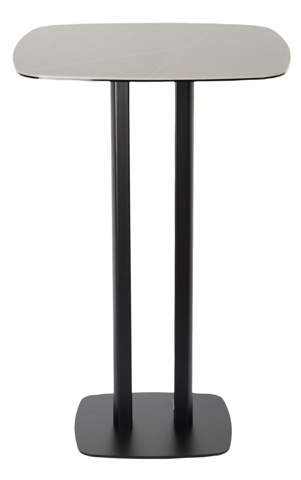 Moderner Bartisch mit rechteckiger Tischplatte und zwei stabilen, schwarzen Beinen, Frontalansicht.