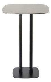 Moderner Bartisch mit rechteckiger Tischplatte und zwei stabilen, schwarzen Beinen, Frontalansicht.