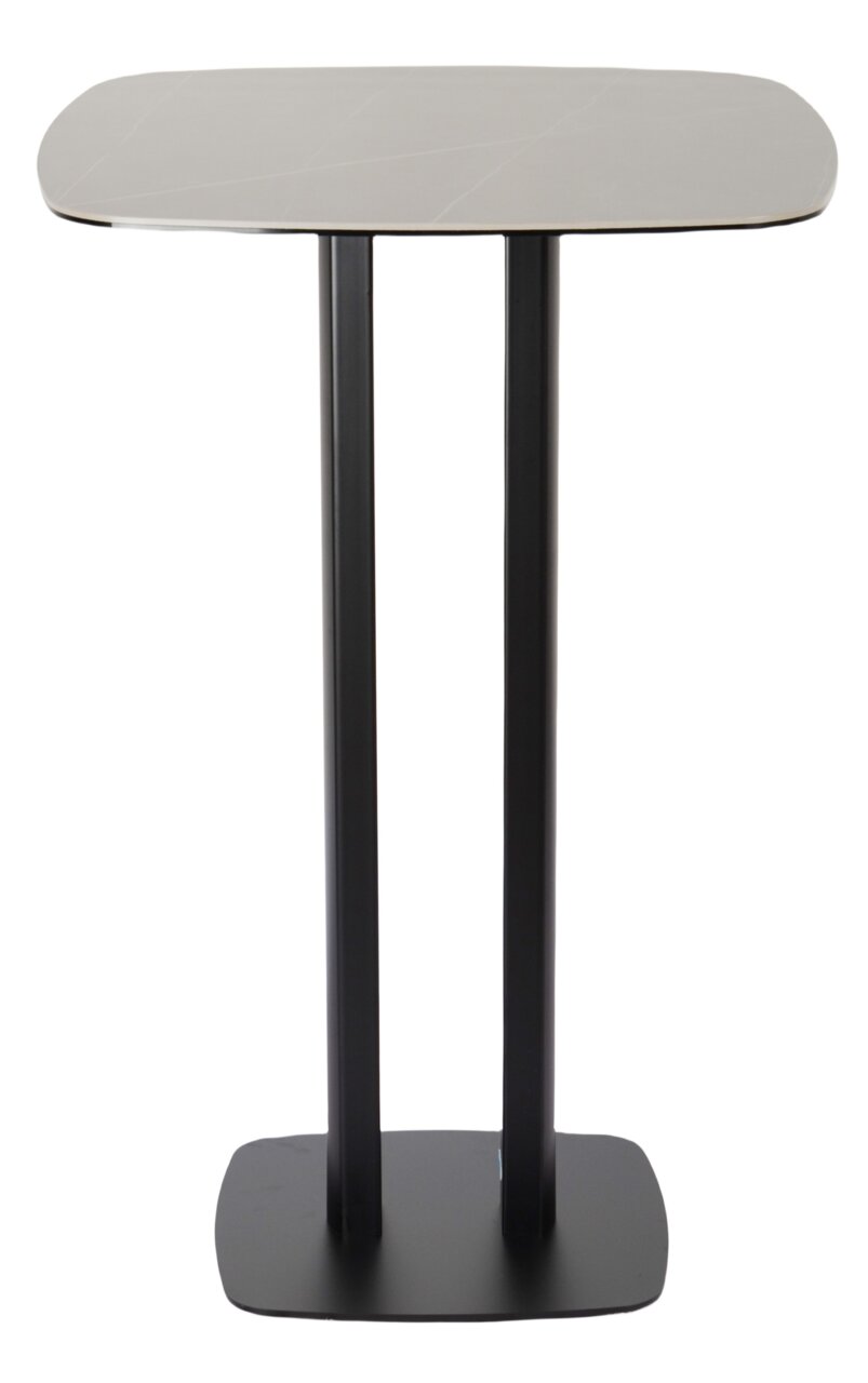 Moderner Bartisch mit rechteckiger Tischplatte und zwei stabilen, schwarzen Beinen, Frontalansicht.