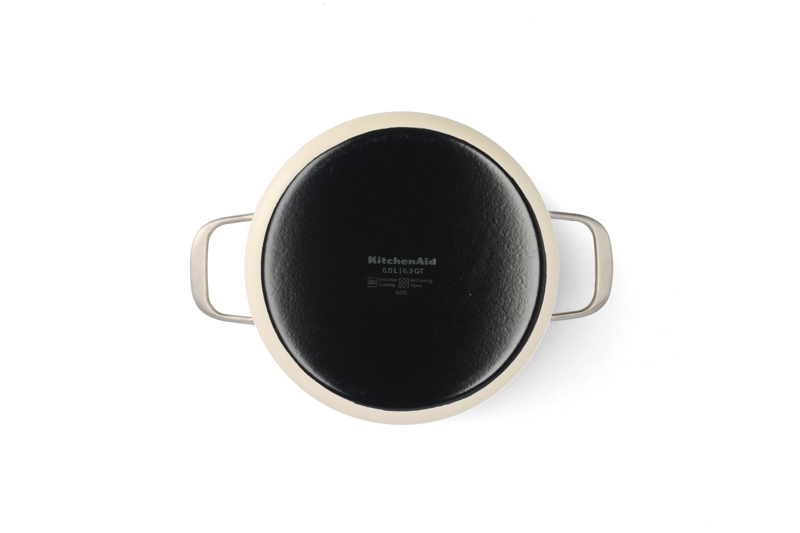 Topfset 4-tlg. almond white, Draufsicht auf den Boden eines Topfes mit zwei Griffen, geeignet für Induktion und alle Kocharten.