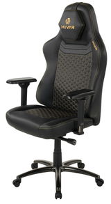 Schwarzer Gaming-Stuhl mit ergonomischem Design, Wabenmuster auf der Rückenlehne und Sitzfläche, sowie verstellbaren Armlehnen, seitliche Perspektive