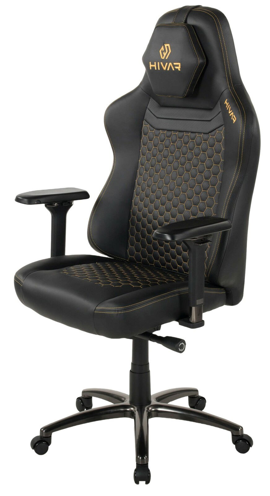 Schwarzer Gaming-Stuhl mit ergonomischem Design, Wabenmuster auf der Rückenlehne und Sitzfläche, sowie verstellbaren Armlehnen, seitliche Perspektive