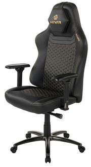 Schwarzer Gaming-Stuhl mit ergonomischem Design, Wabenmuster auf der Rückenlehne und Sitzfläche, sowie verstellbaren Armlehnen, seitliche Perspektive