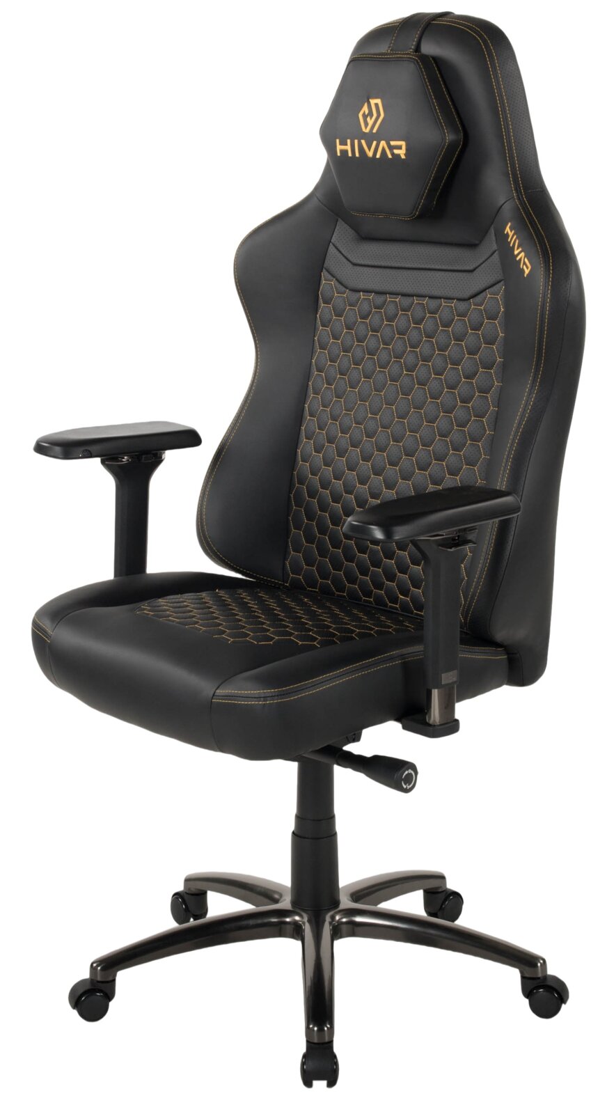 Schwarzer Gaming-Stuhl mit ergonomischem Design, Wabenmuster auf der Rückenlehne und Sitzfläche, sowie verstellbaren Armlehnen, seitliche Perspektive
