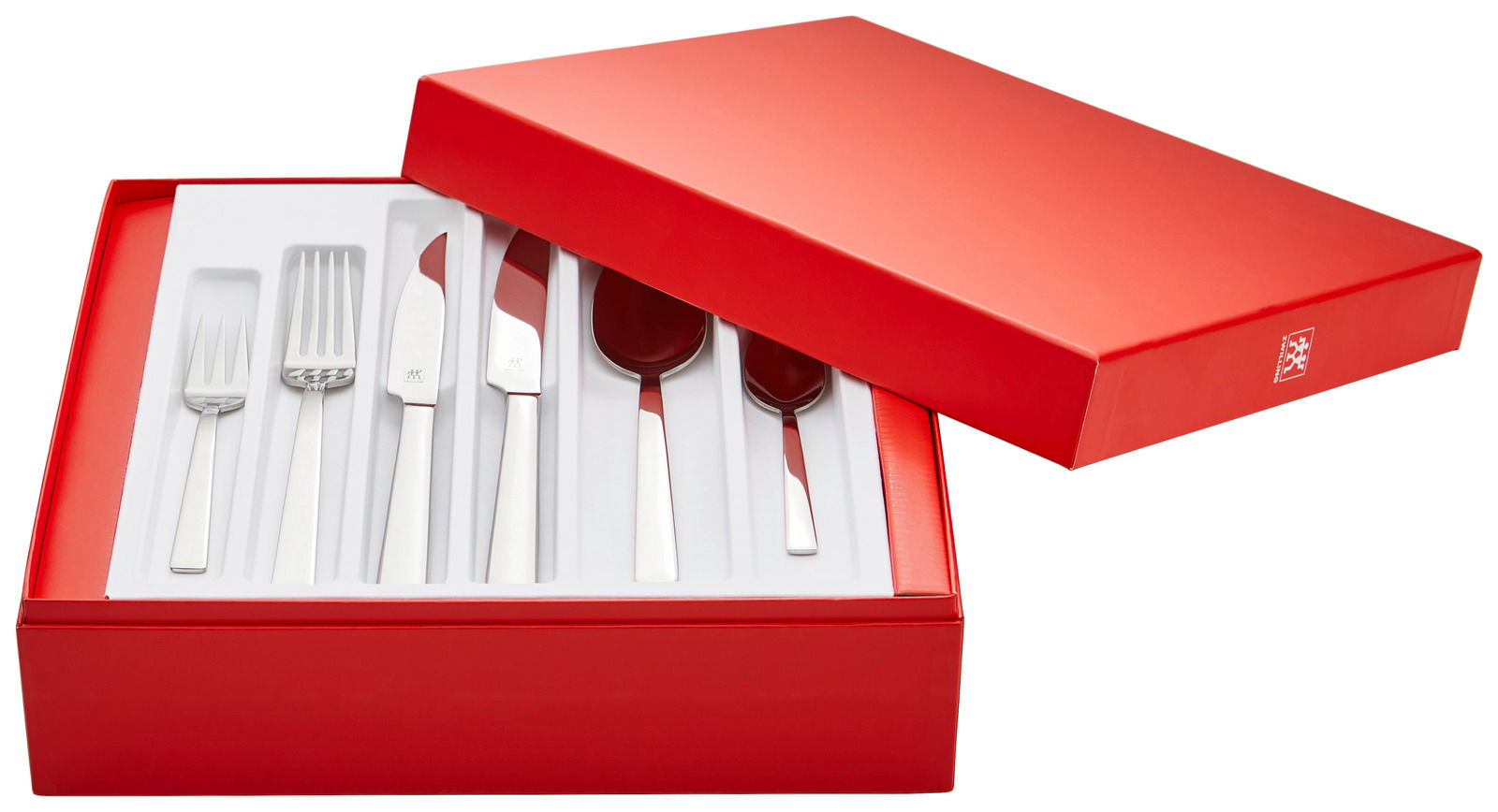 Ein 72-teiliges poliertes Besteckset in einer offenen roten Box, von oben betrachtet.