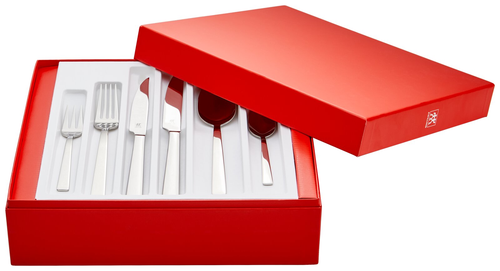 Ein 72-teiliges poliertes Besteckset in einer offenen roten Box, von oben betrachtet.