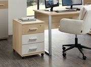 Rollcontainer mit drei Schubladen in Holzoptik und weißen Fronten, auf Rollen, seitliche Perspektive im Büro.