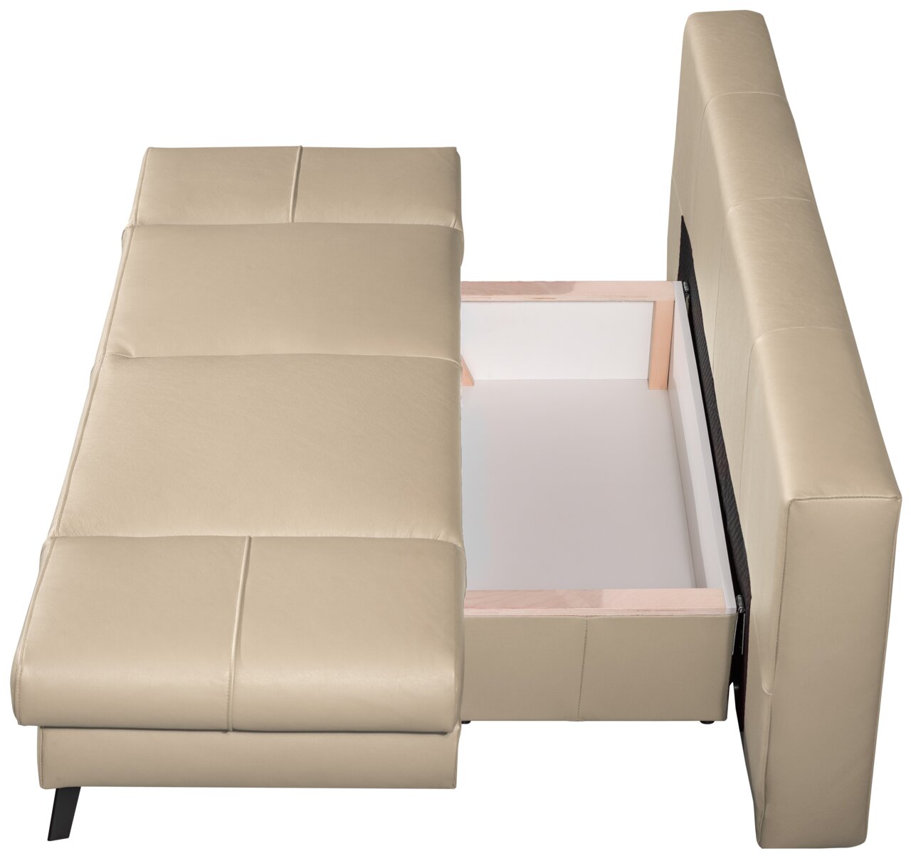 Een hoekbank in beige, gezien van bovenaf, met het bed uitgeschoven.