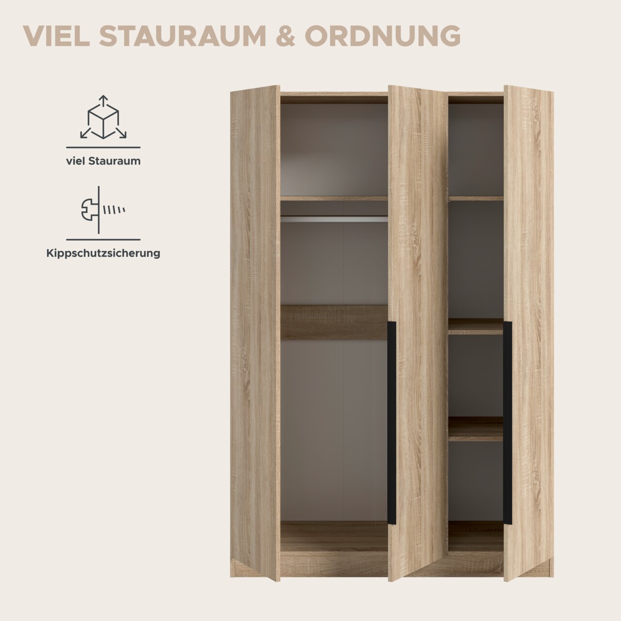 Geöffneter Kleiderschrank in heller Holzoptik mit viel Stauraum, Kleiderstange und Regalböden, Frontansicht leicht schräg von vorn.