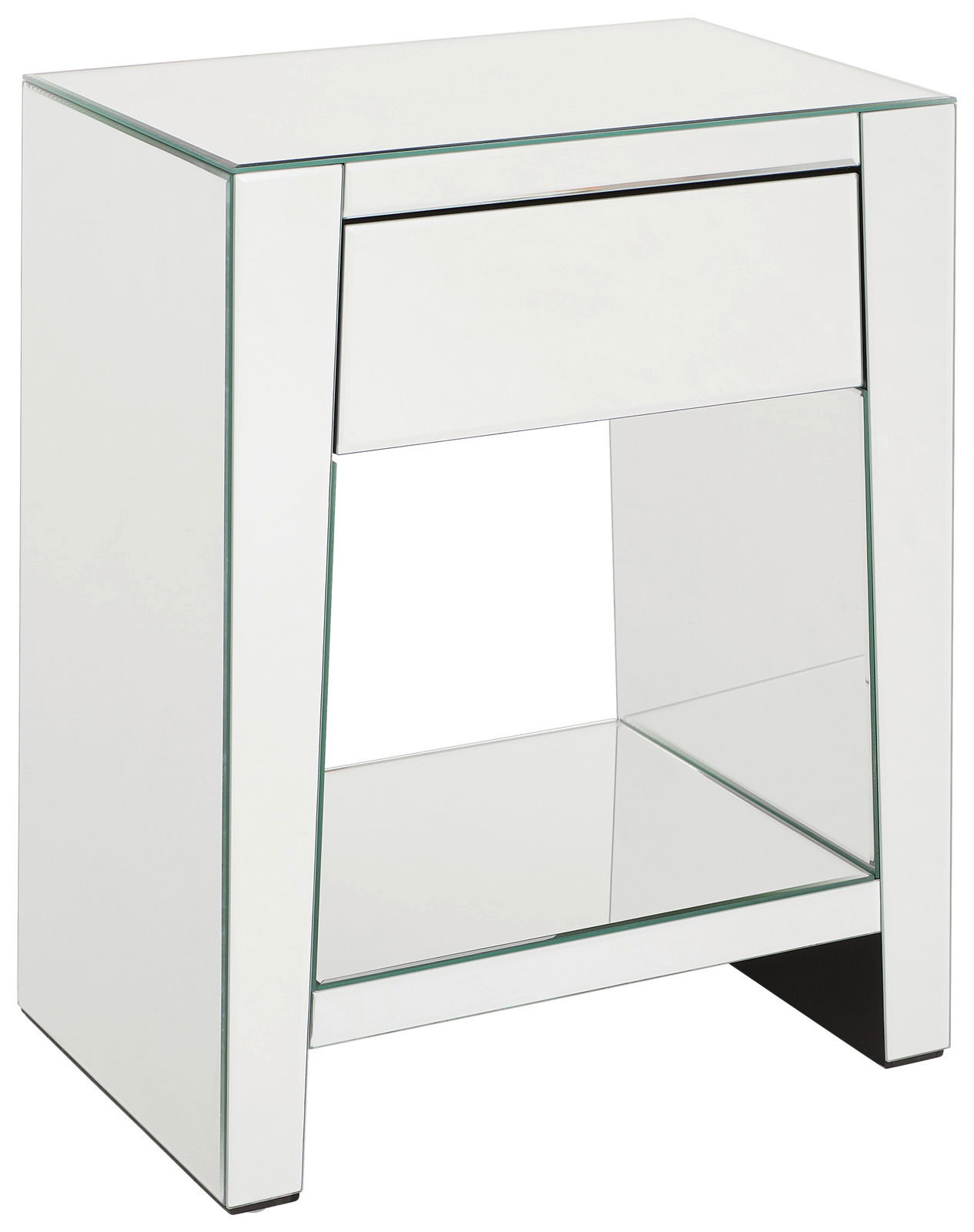 Moderne Nachtkommode mit Spiegeloberfläche, perspektivisch von vorne links fotografiert.