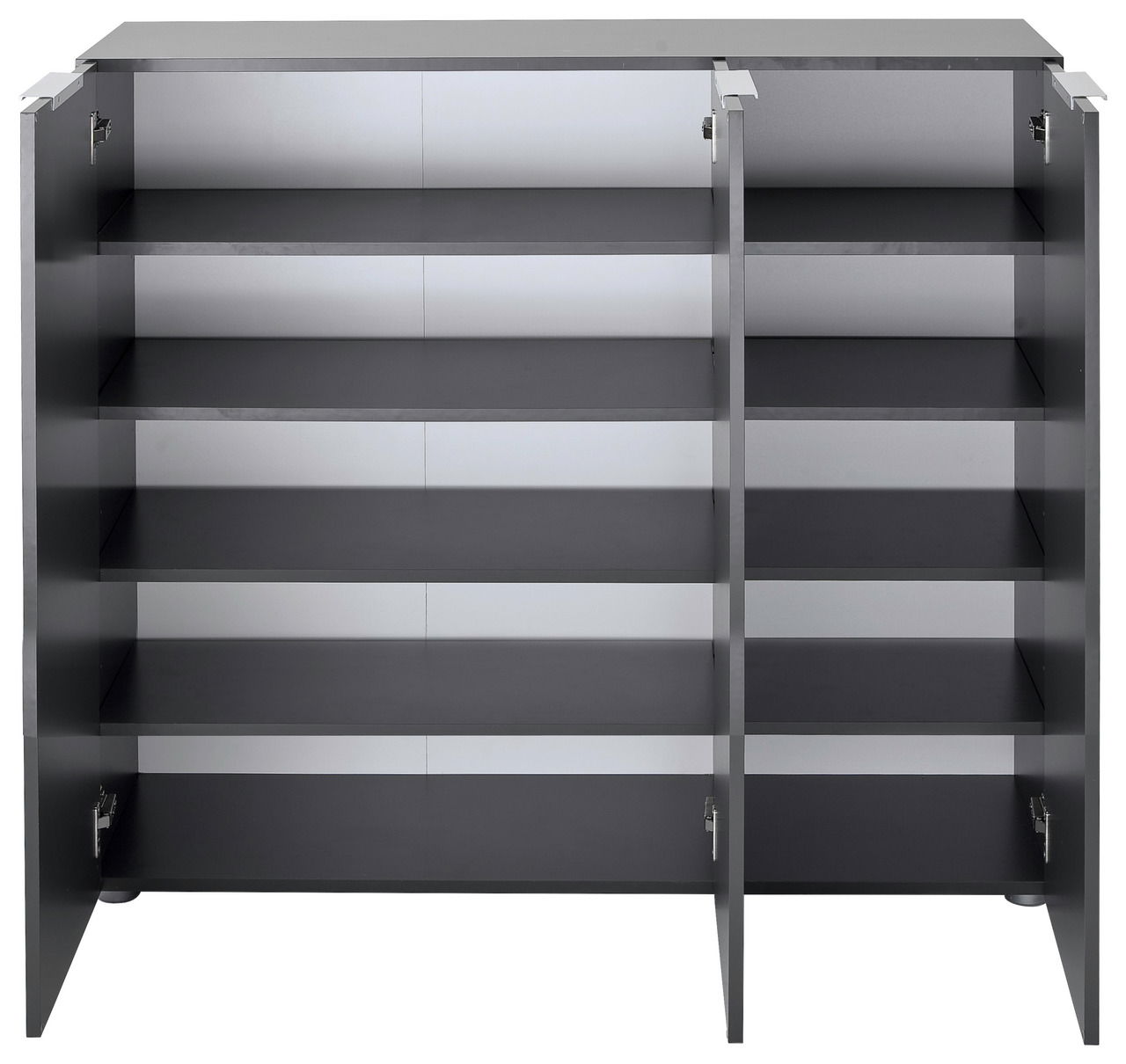 Offener XL-Schuhschrank mit mehreren Regalböden, frontal betrachtet.