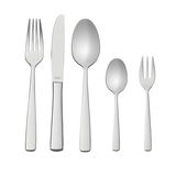 Elegantes Besteckset bestehend aus Gabel, Messer, Esslöffel, Teelöffel und Kuchengabel in Frontalansicht.