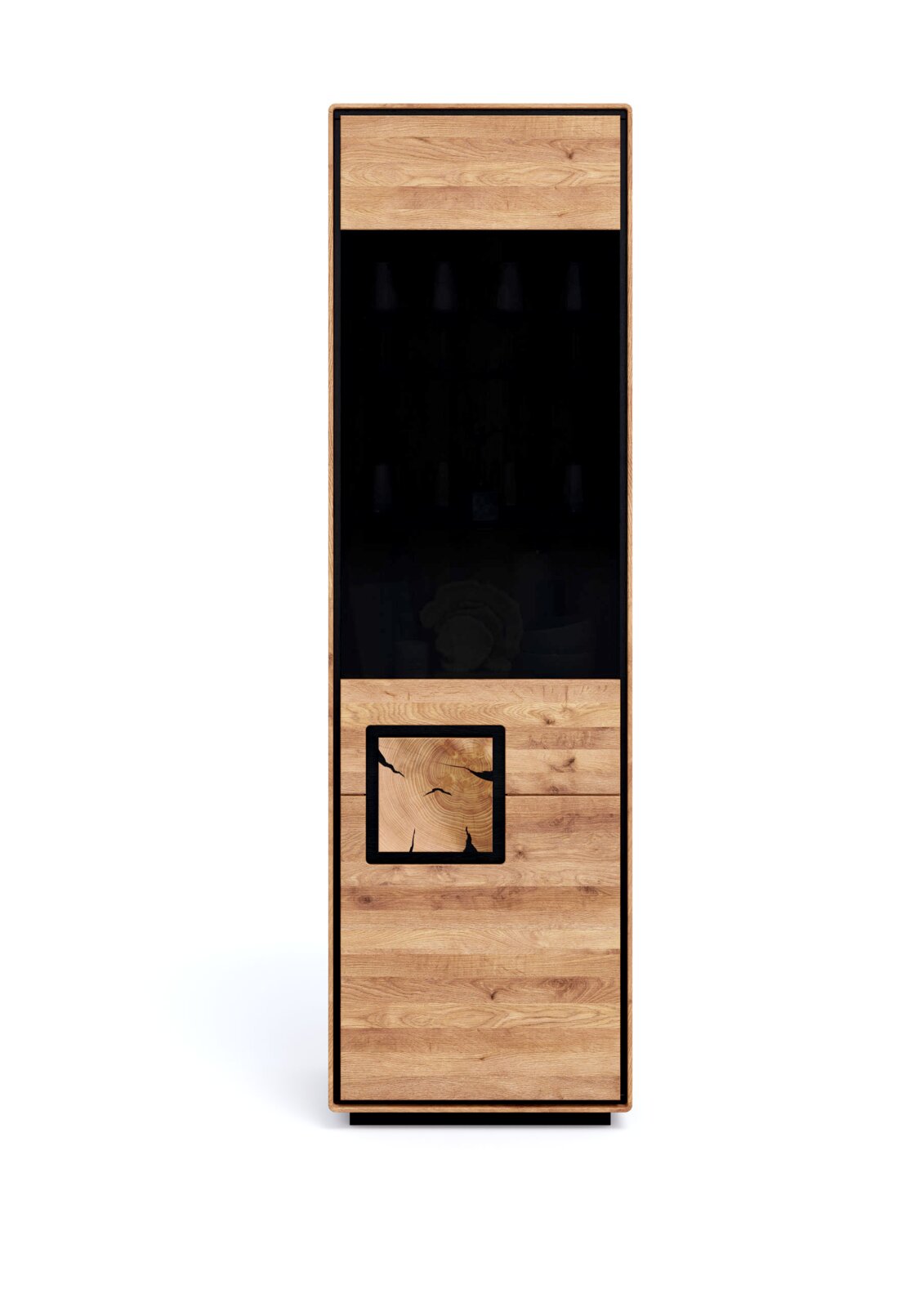 Hoher, rechteckiger Schrank in Holzoptik mit großem schwarzem Frontpanel und kleinem quadratischen Holz-Dekoreinsatz im schwarzen Rahmen, freigestellt auf weißem Hintergrund, Frontansicht.