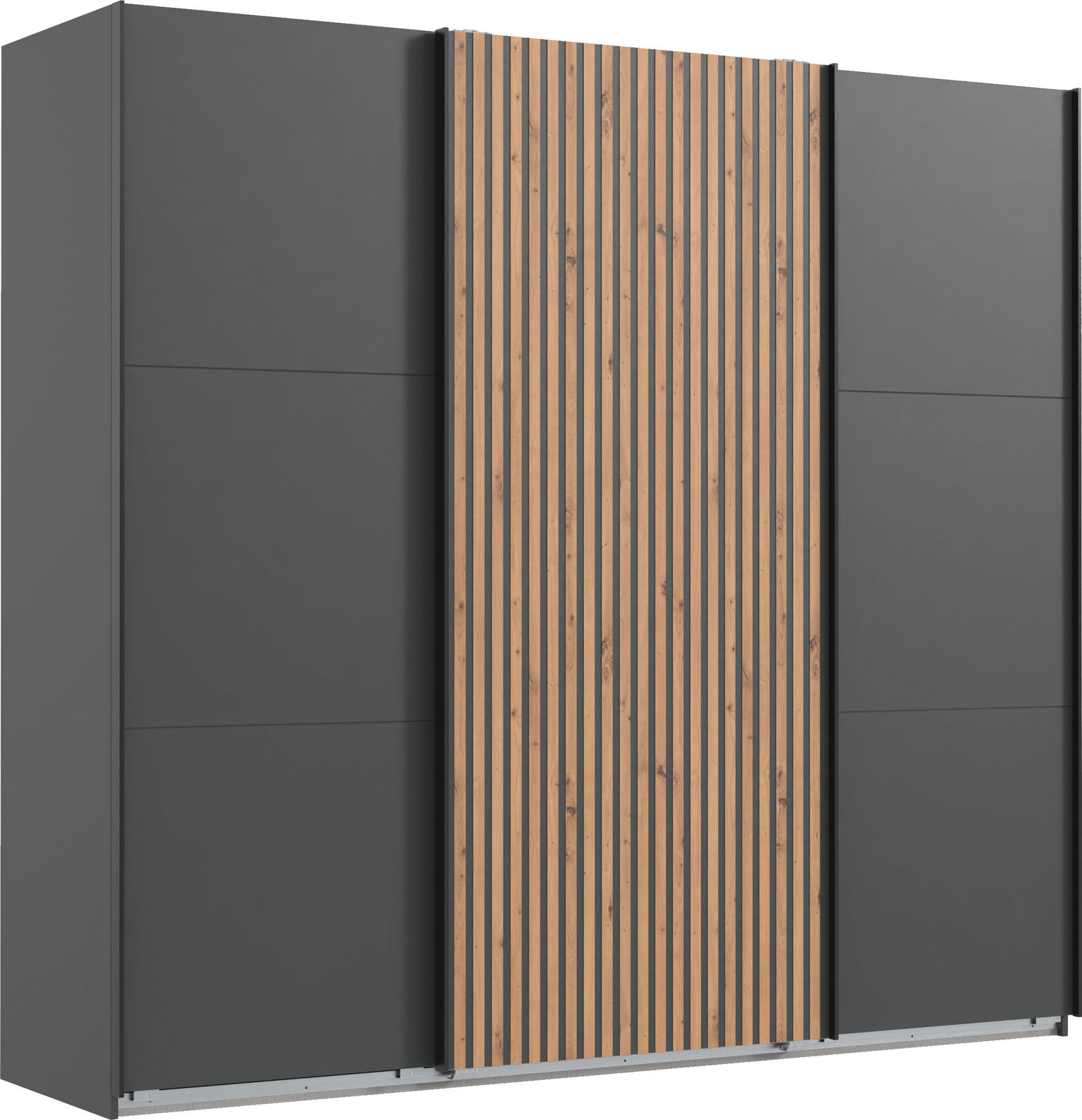 Schwebetürenschrank mit drei Türen, mittlere Tür mit Holzlamellen-Design, seitliche Türen in dunklem Grau, Frontansicht