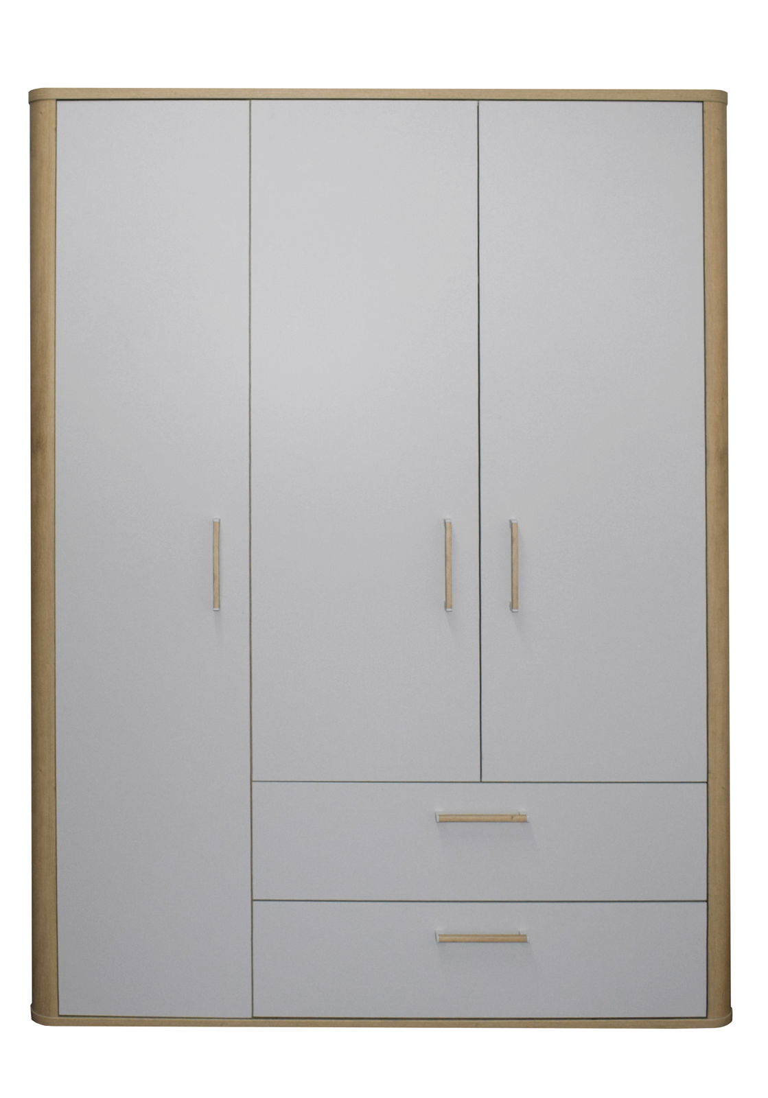 Moderner Kleiderschrank mit drei Türen und zwei Schubladen, in Frontalansicht. Der Schrank hat eine helle Holzoptik mit grauen Fronten.