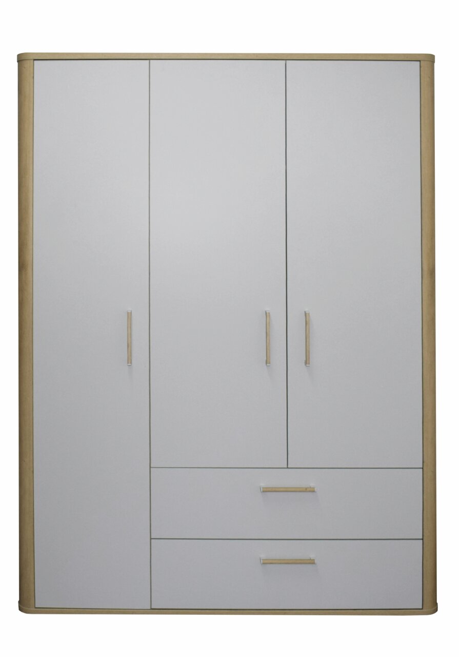 Moderner Kleiderschrank mit drei Türen und zwei Schubladen, in Frontalansicht. Der Schrank hat eine helle Holzoptik mit grauen Fronten.