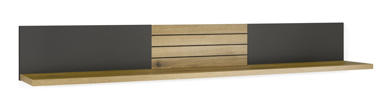 Wandplank met houten en donkere elementen, gezien vanaf de voorkant