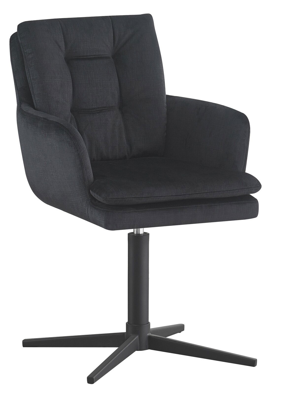 Schwarzer Armlehnstuhl mit gepolsterter Sitzfläche und Rückenlehne, auf einem drehbaren Metallfuß, seitliche Perspektive