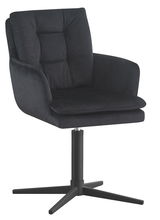 Schwarzer Armlehnstuhl mit gepolsterter Sitzfläche und Rückenlehne, auf einem drehbaren Metallfuß, seitliche Perspektive