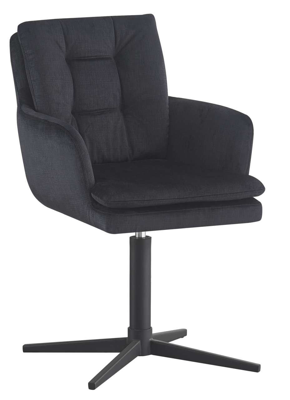 Novel Armlehnstuhl INGO Schwarzer Armlehnstuhl mit gepolsterter Sitzfläche und Rückenlehne, auf einem drehbaren Metallfuß, seitliche Perspektive