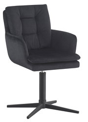 Schwarzer Armlehnstuhl mit gepolsterter Sitzfläche und Rückenlehne, auf einem drehbaren Metallfuß, seitliche Perspektive