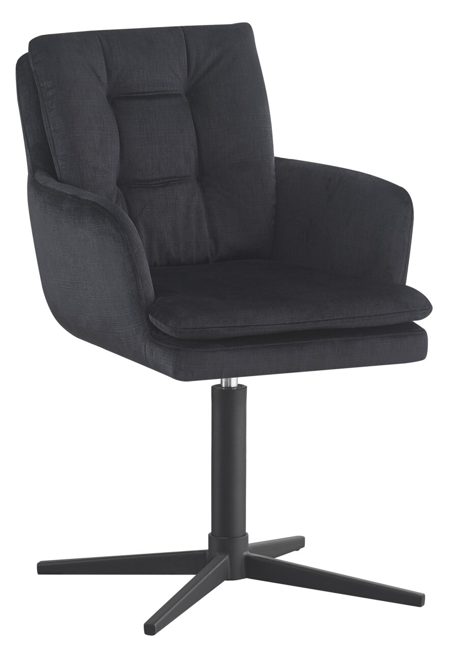 Schwarzer Armlehnstuhl mit gepolsterter Sitzfläche und Rückenlehne, auf einem drehbaren Metallfuß, seitliche Perspektive