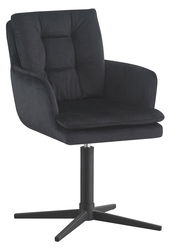 Schwarzer Armlehnstuhl mit gepolsterter Sitzfläche und Rückenlehne, auf einem drehbaren Metallfuß, seitliche Perspektive