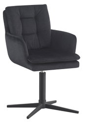 Zwarte fauteuil met gestoffeerde zitting en rugleuning, op een draaibare metalen voet, zijaanzicht
